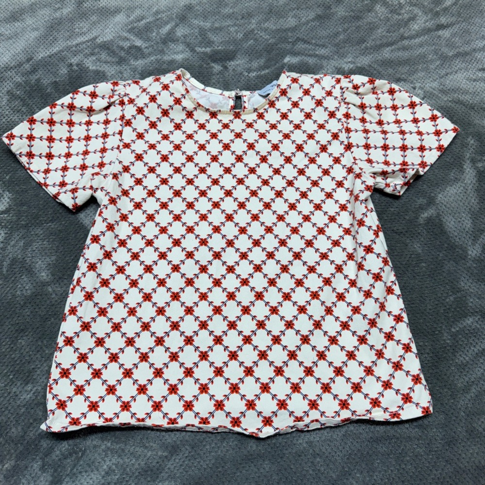 Never A Wallflower Womens Red Floral Lattice Cotton Top Puffed Sleeve Size M USA